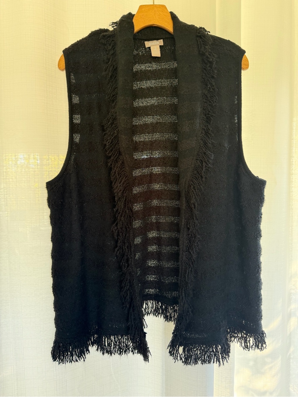 Chico’s Black Fringe Open Front Knit Vest Size XL